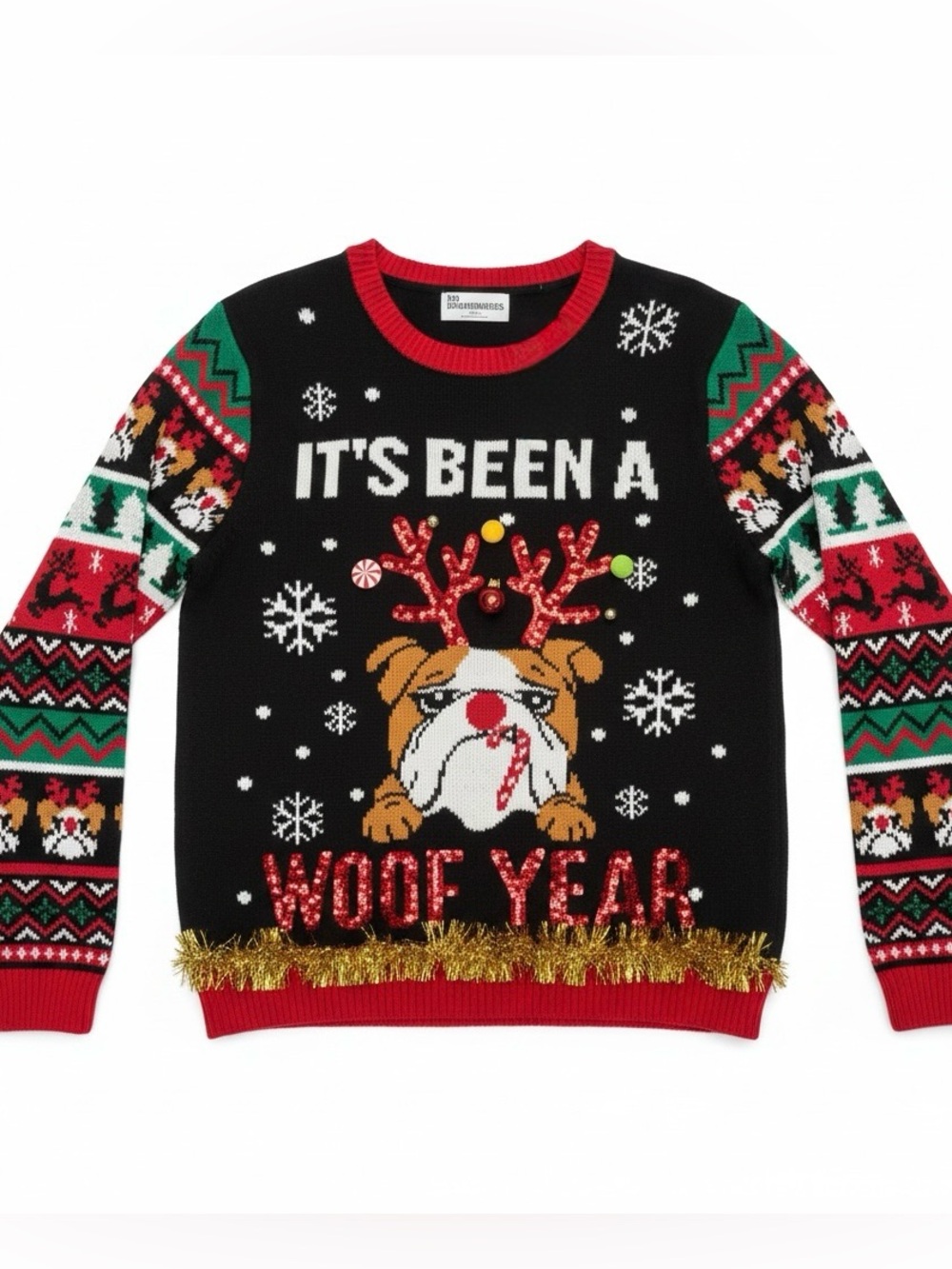 NWT Christmas sweater of a bulldog wearing sequin reindeer antlers & tinsel